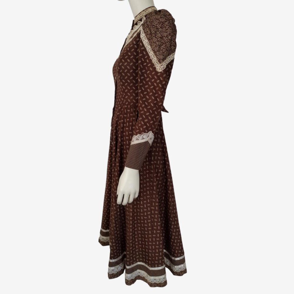Vintage 70s Gunne Sax Brown Calico Puff Shoulder Button Down Prairie Dress - Picture 4 of 13